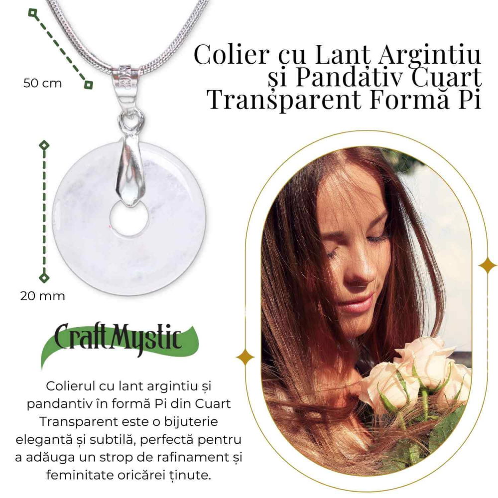 Colier Argintiu Cuart Transparent Forma Pi - Claritate si Energie Pura, Lungime Totala 50 cm, Diametru Pandantiv 20 mm [2]
