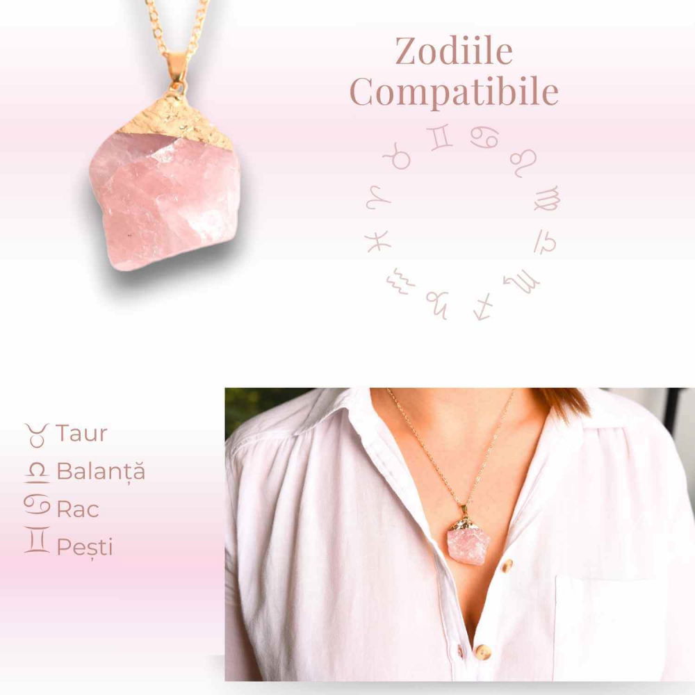 Colier auriu ajustabil cu pandantiv din Cuart Roz brut – Vindecare și Iubire [4]