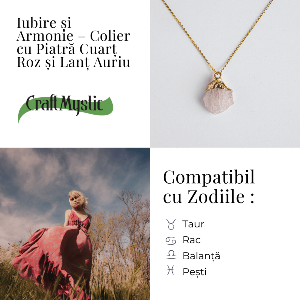 Iubire si Armonie – Colier cu Piatra Cuart Roz si Lant Auriu [5]