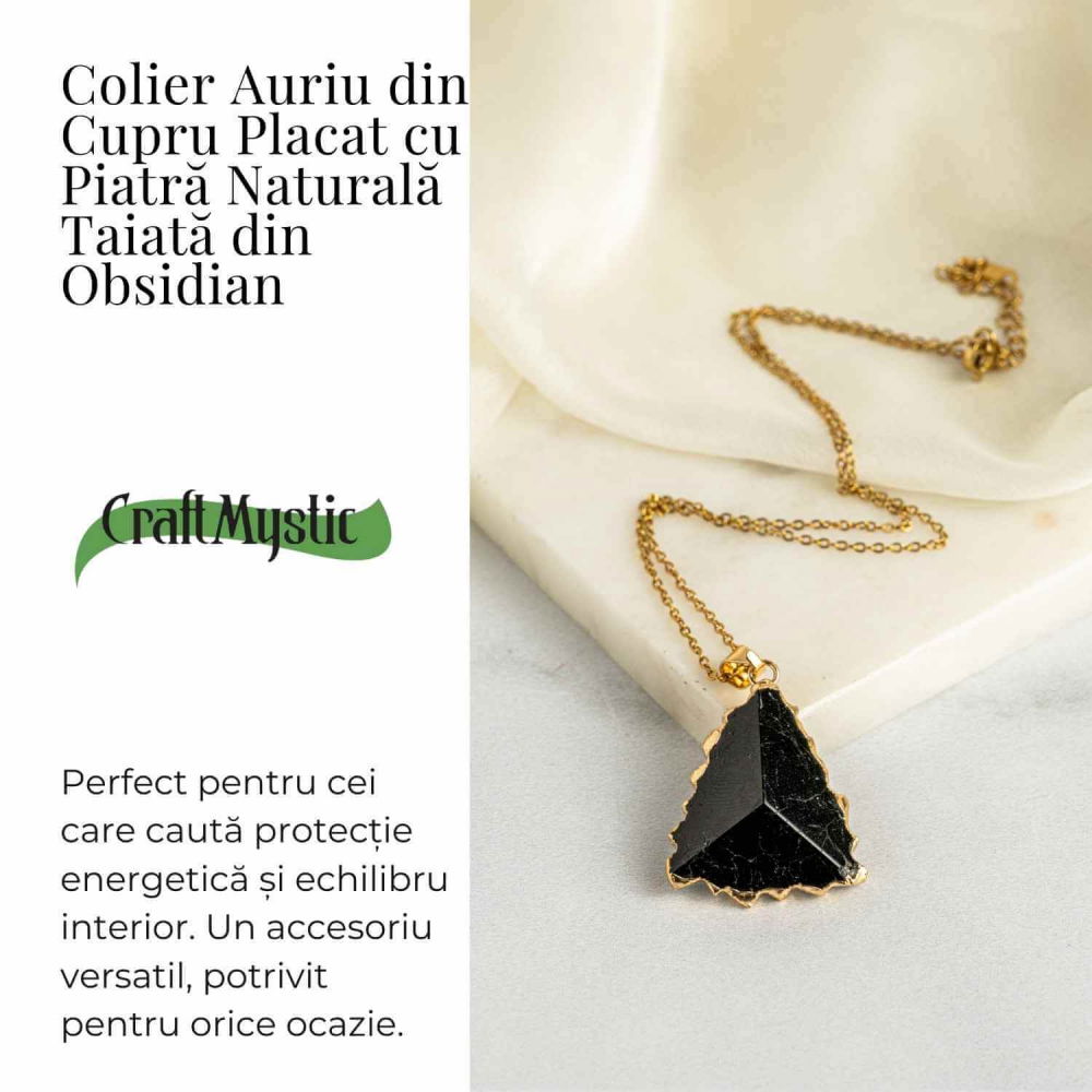 Colier Auriu din Cupru Placat cu Piatra Naturala Obsidian - Protectie si Echilibru [3]