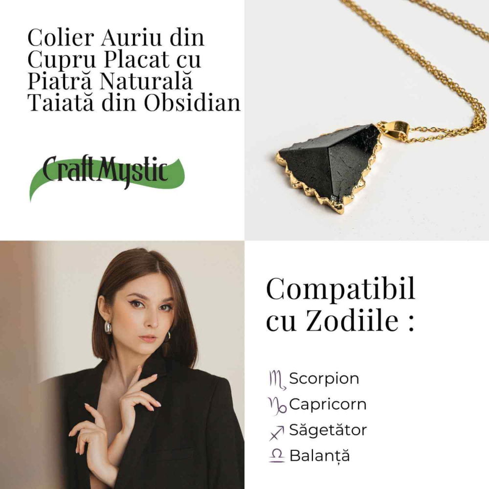Colier Auriu din Cupru Placat cu Piatra Naturala Obsidian - Protectie si Echilibru [4]