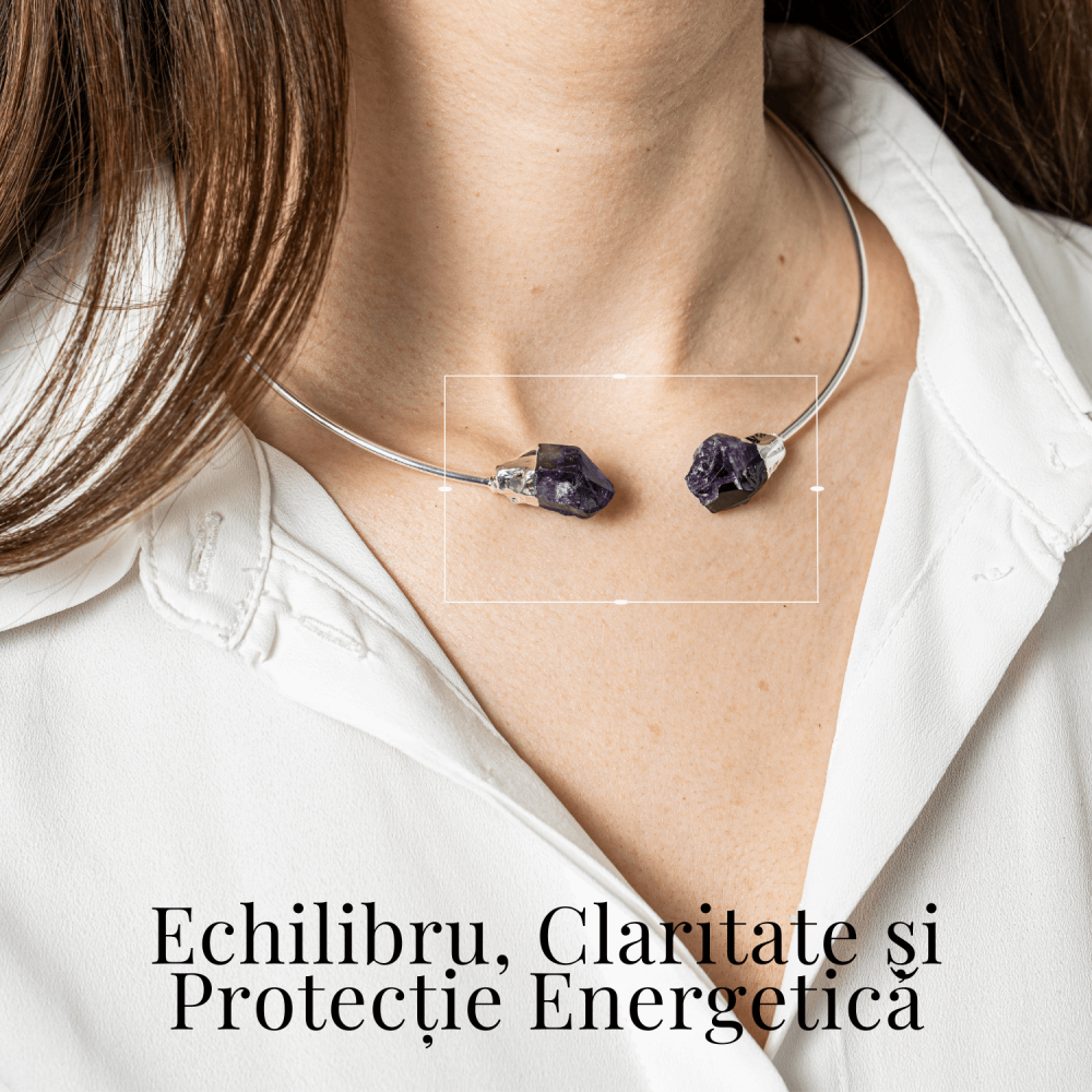 Colier Choker Argintiu cu Piatra Ametist Bruta - Echilibrare si Spiritualitate [2]