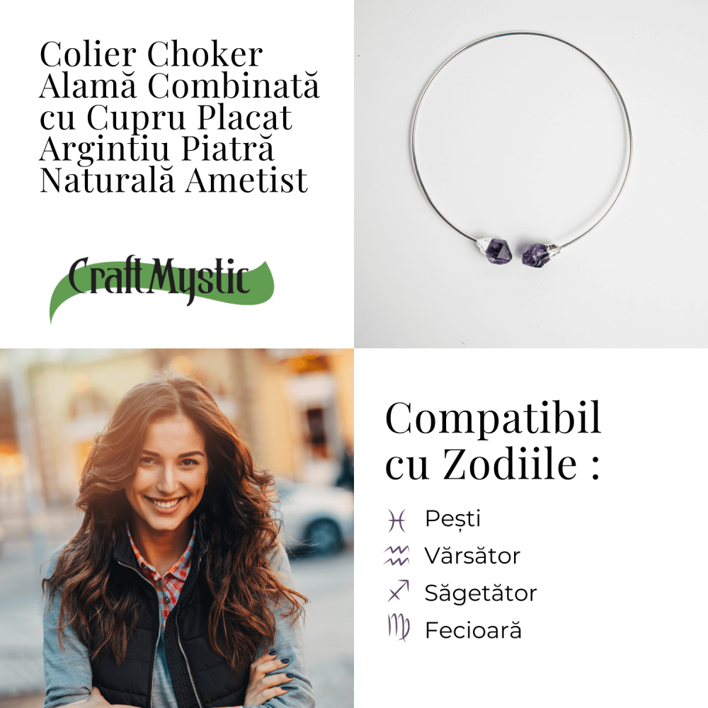 Colier Choker Argintiu cu Piatra Ametist Bruta - Echilibrare si Spiritualitate [5]