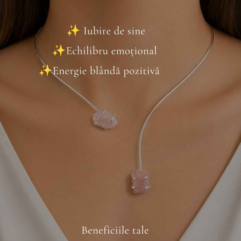 Colier Choker Argintiu cu Cuart Roz Natural – Iubire, Armonie si Echilibru Emotional [3]