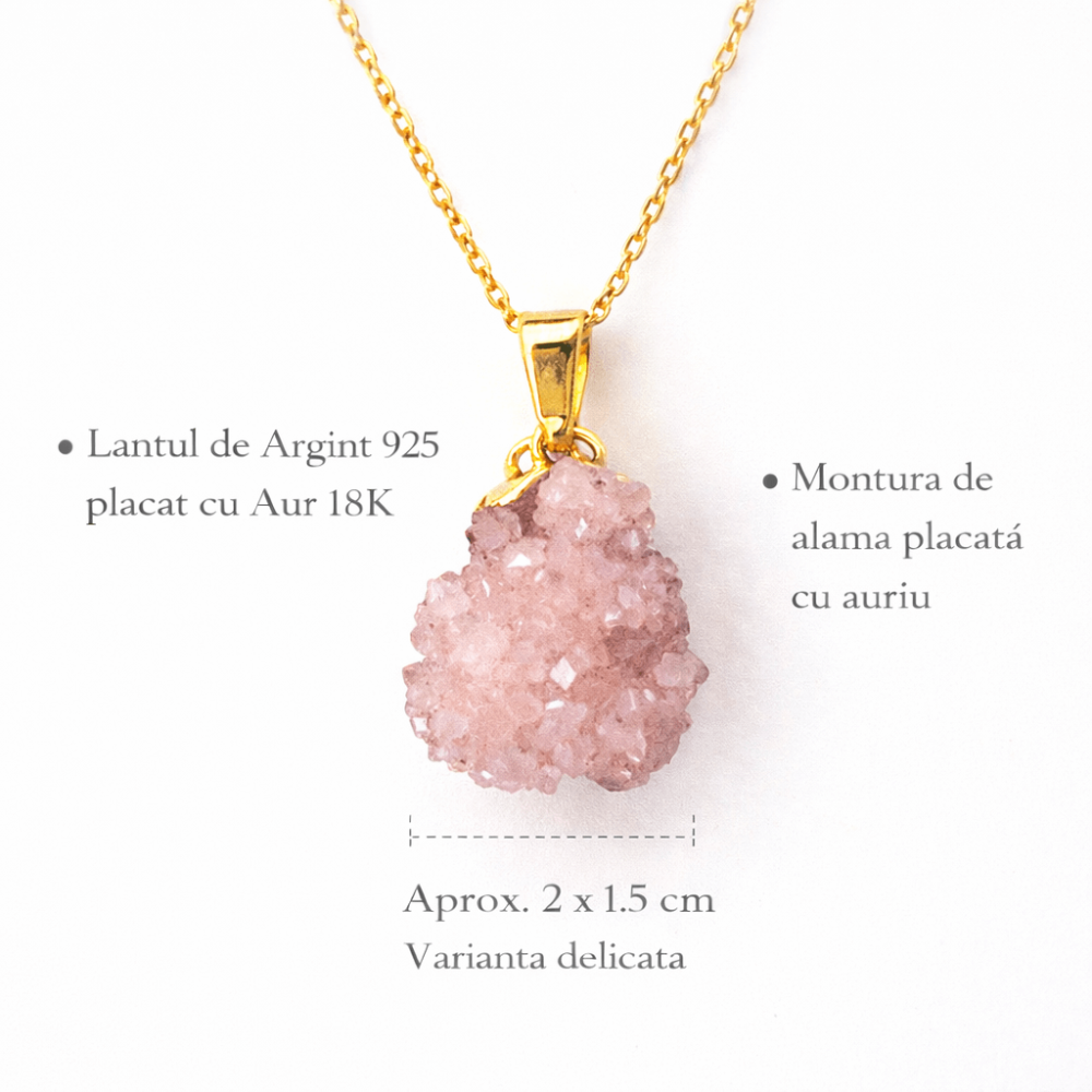 Colier cu Ametist Roz Natural – Lant Argint Placat Aur 18K – Piatra Bruta Brazilia [5]