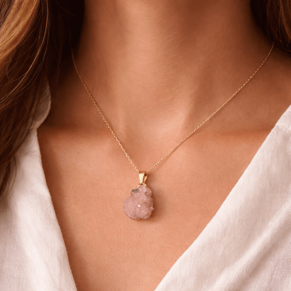 Colier cu Ametist Roz Natural – Lant Argint Placat Aur 18K – Piatra Bruta Brazilia [2]