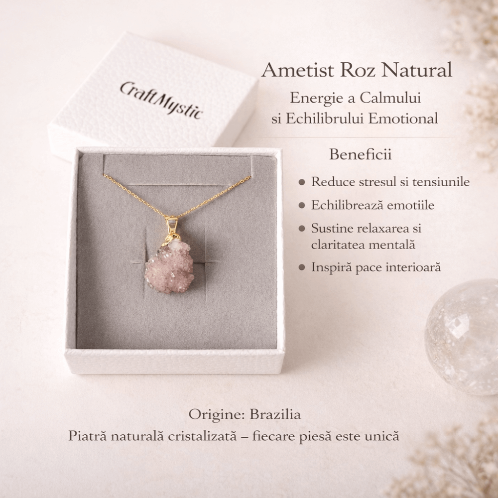 Colier cu Ametist Roz Natural – Lant Argint Placat Aur 18K – Piatra Bruta Brazilia [7]