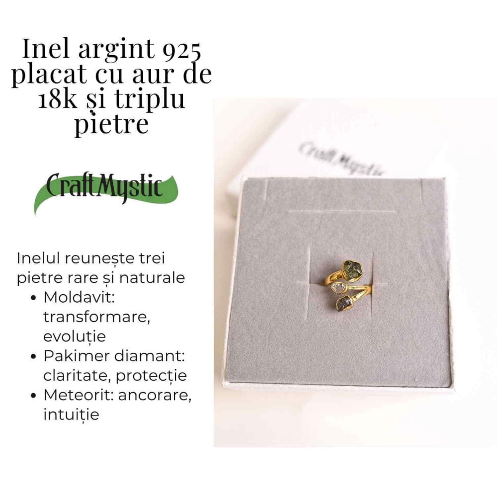 Inel argint 925 placat cu aur de 18k cu Moldavit, Meteorit si Palimer – Putere cosmica si claritate [5]