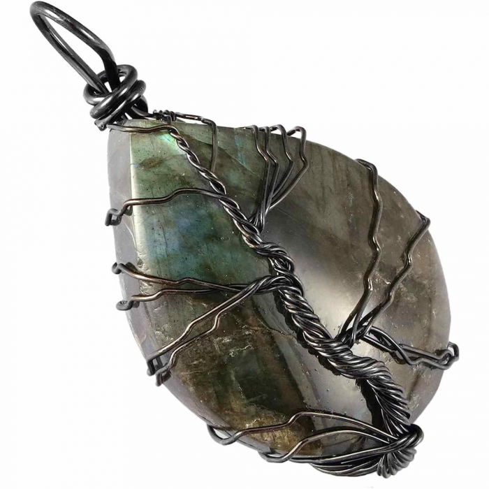 Colier cu pandantiv din labradorit natural pentru barbati si femei - Cristal neregulat lucrat manual, invelit cu sarma model arborele vietii - O piatra semipretioasa pentru meditatie, intuitie, imaginatie [1]