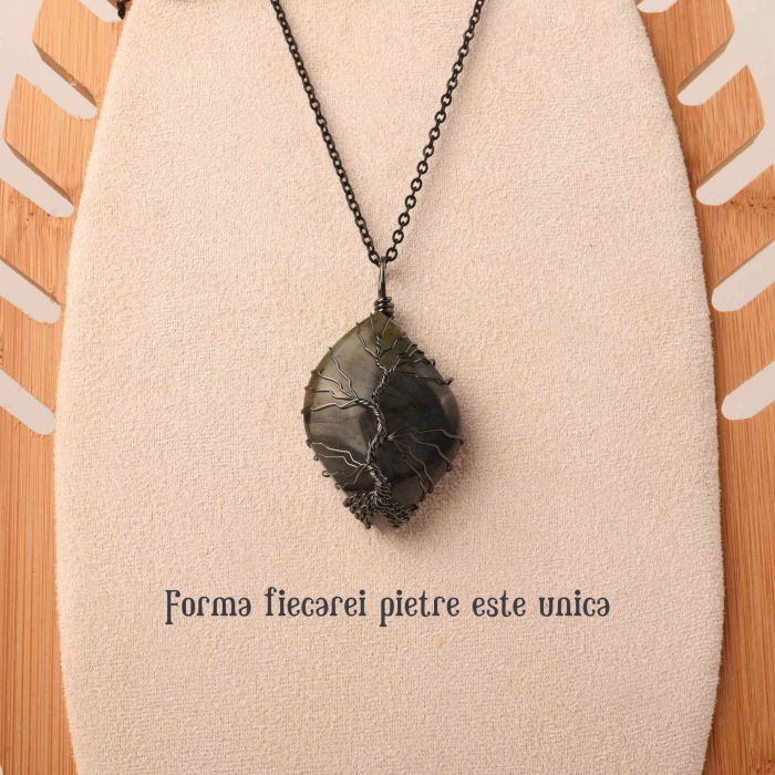 Colier cu pandantiv din labradorit natural pentru barbati si femei - Cristal neregulat lucrat manual, invelit cu sarma model arborele vietii - O piatra semipretioasa pentru meditatie, intuitie, imaginatie [3]
