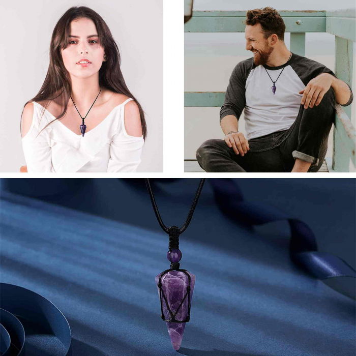 Colier cu cristal vindecator Ametist, cu 6 fatete si franghia impletita – pentru pace interioara, calm si reducerea stresului [2]