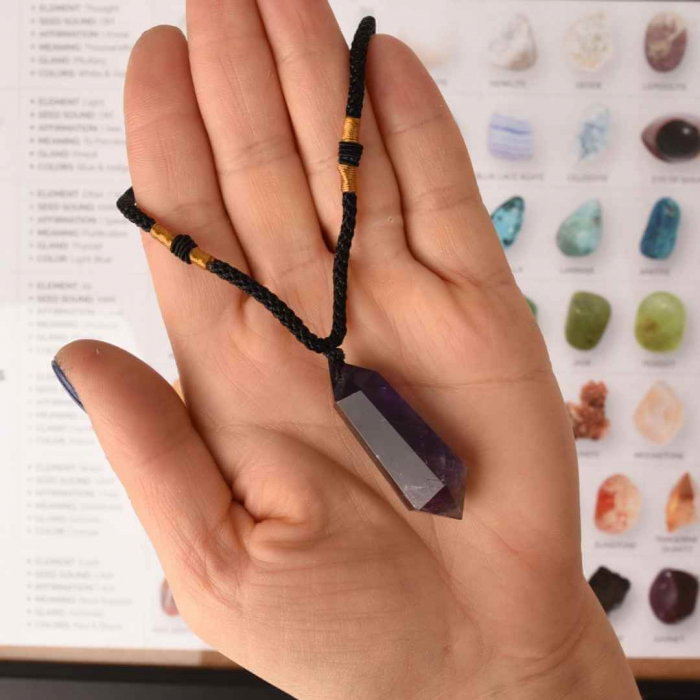 Colier cu cristal vindecator Obsidian 4-5 cm, in forma hexagonala cu dublu varf si saculet satin negru – pentru protectie, vointa si noroc [3]