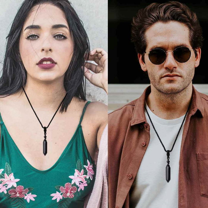 Colier cu cristal vindecator Obsidian Negru, in forma hexagonala cu dublu varf si franghie neagra ajustabila – pentru protectie, stabilitate si armonie [2]