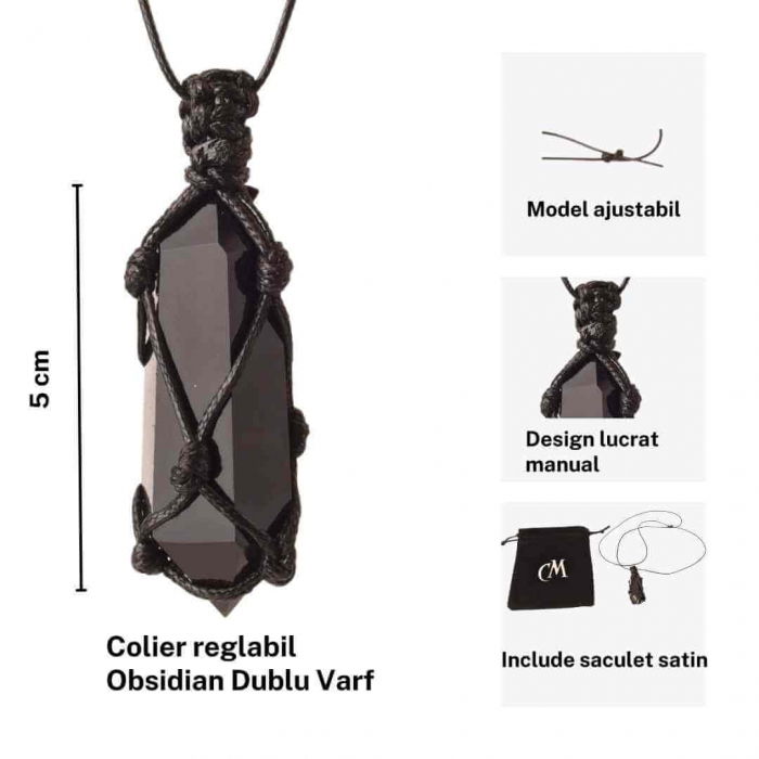 Colier cu cristal vindecator Obsidian Negru, in forma hexagonala dublu varf, infasurat intr-o plasa de franghie neagra ajustabila – pentru protectie, stabilitate si armonie [2]