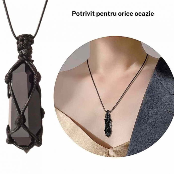 Colier cu cristal vindecator Obsidian Negru, in forma hexagonala dublu varf, infasurat intr-o plasa de franghie neagra ajustabila – pentru protectie, stabilitate si armonie [6]