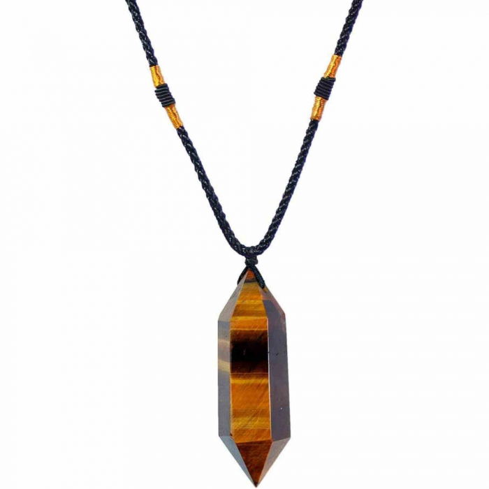 Colier cu cristal vindicator Ochi de Tigru, in forma hexagonala cu dublu varf – pentru protectie, vointa si noroc. [1]