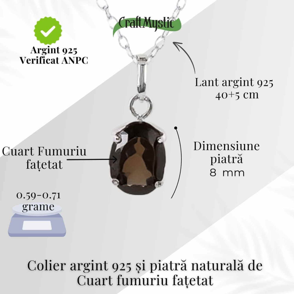 Colier Argint 925 cu Cuart Fumuriu Oval fatetat – Echilibru, Protectie si Liniste Interioara [4]