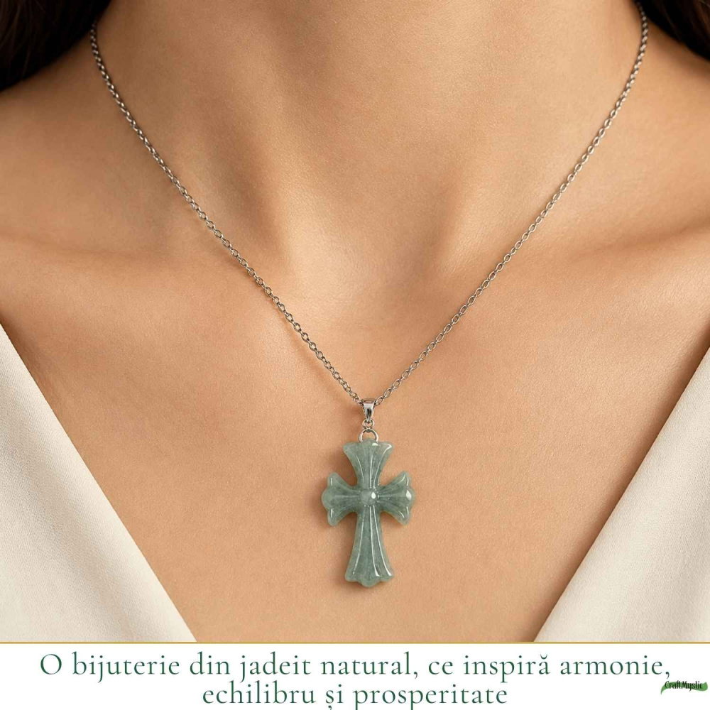 Colier cu Jadeit Natural forma de Cruce si Lant Argint 925 – Armonie, Prosperitate si Eleganta [2]