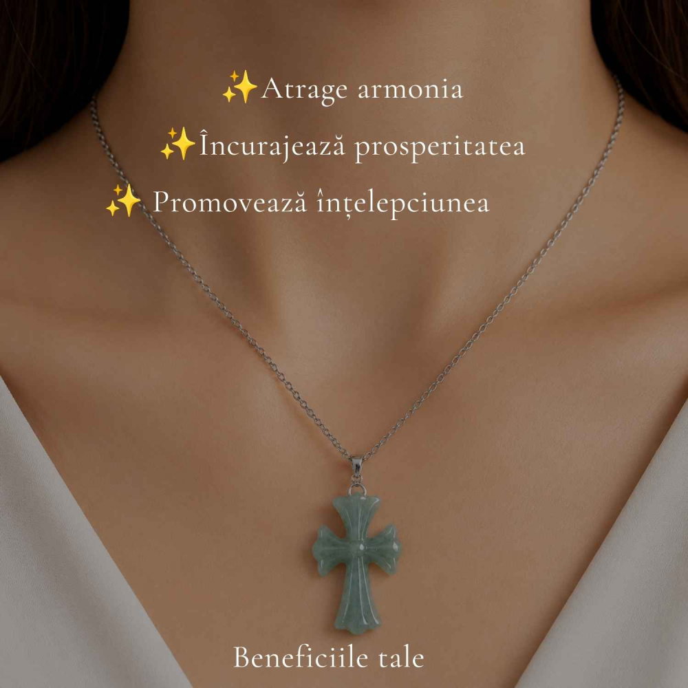 Colier cu Jadeit Natural forma de Cruce si Lant Argint 925 – Armonie, Prosperitate si Eleganta [3]