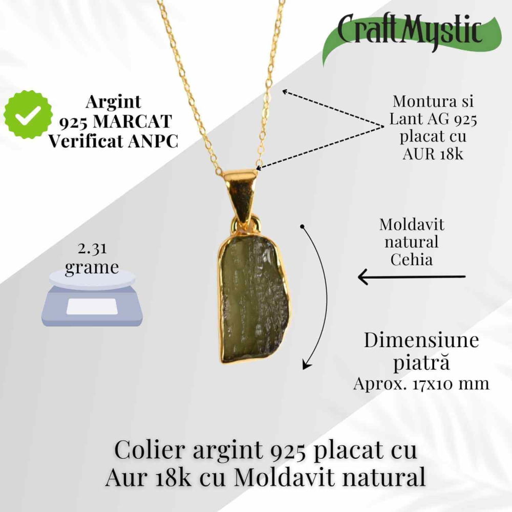 Colier Argint 925 placat cu aur 18k cu Moldavit natural brut 2.31 g – talisman de transformare [3]