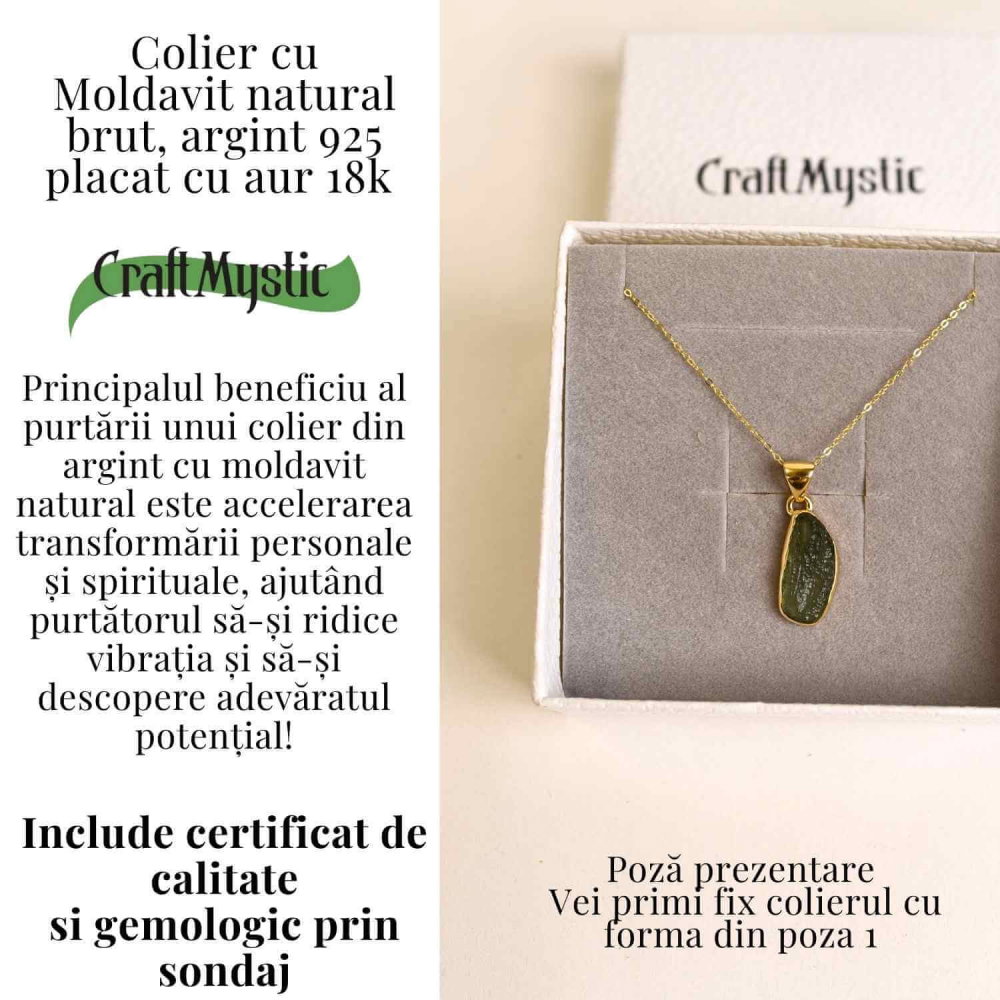 Colier Argint 925 placat cu Aur 18k cu Moldavit natural 3.28 gr 16x13 mm – transformare, protectie, energie cosmica [5]