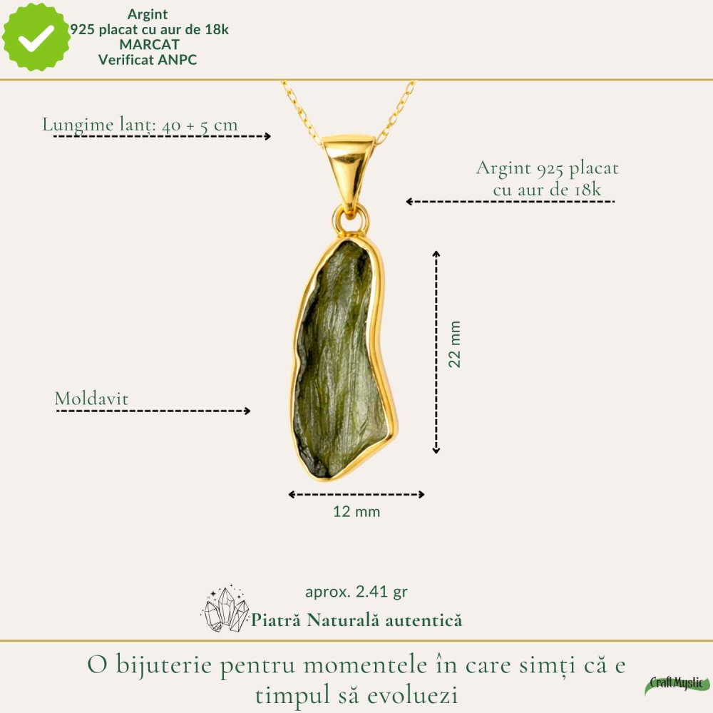 Colier Argint 925 Placat Aur 18K cu Moldavit Natural – Energie si Transformare [4]