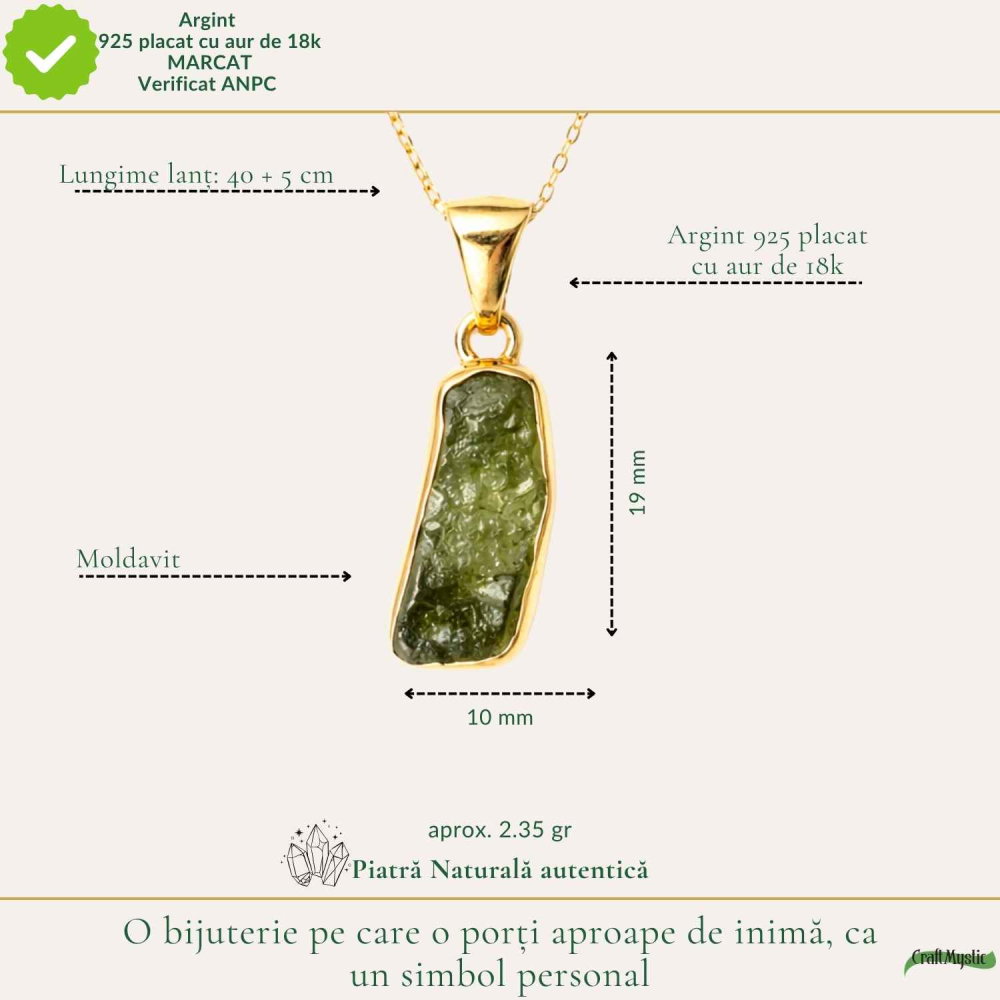 Colier Unisex cu Moldavit Natural si Argint placat cu Aur 18K – Energie Rara si Autentica [4]