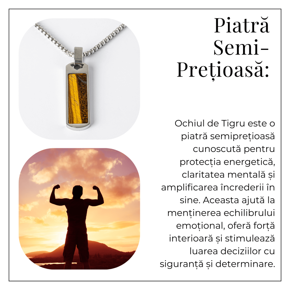 Colier Otel Inoxidabil cu Ochi de Tigru Natural – Pandantiv Dreptunghiular al Curajului [6]