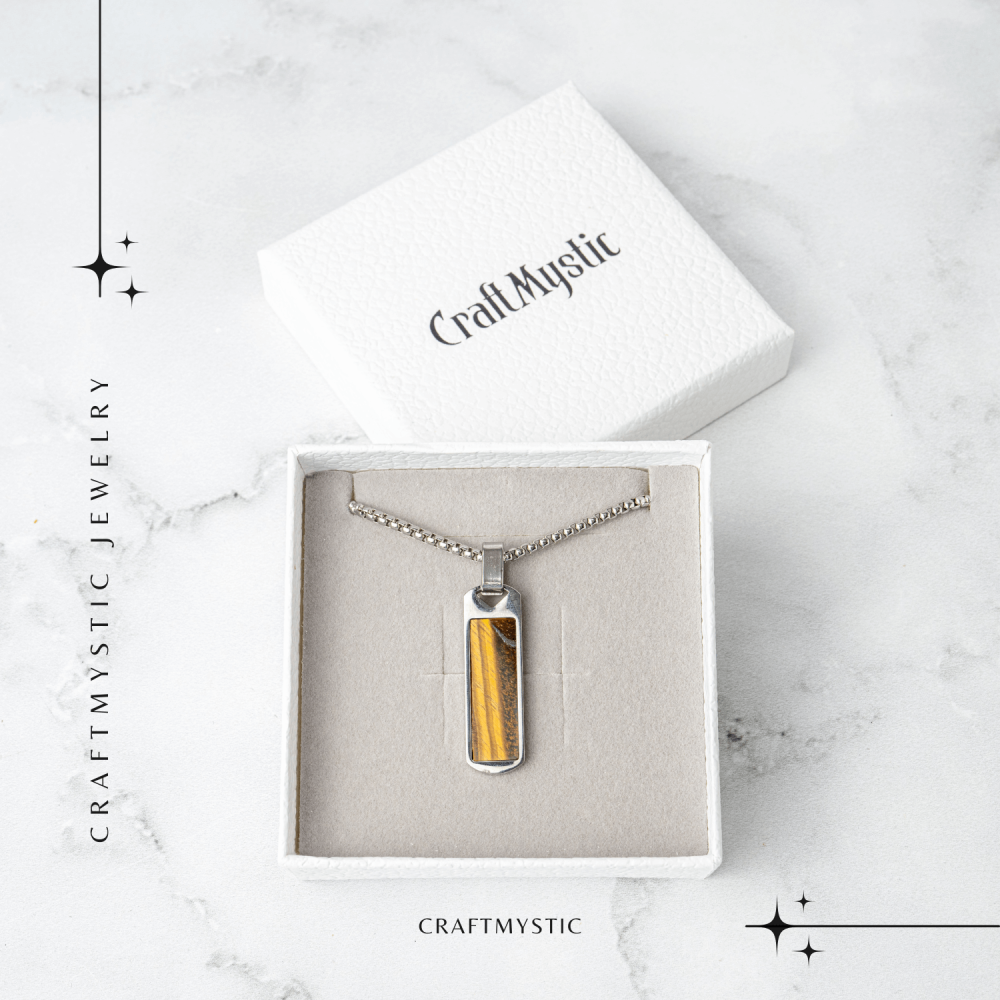 Colier Otel Inoxidabil cu Ochi de Tigru Natural – Pandantiv Dreptunghiular al Curajului [7]