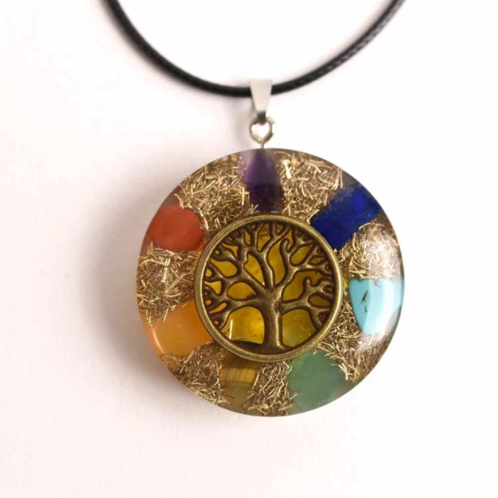 Colier cu pandantiv 35mm cu energie Orgonica cu Arborele Vietii cuprat si pietre naturale pentru cele sapte chakre [1]