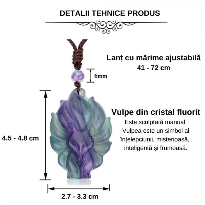 Colier cu pandantiv chip de vulpe din cristal vindecator Flourit – semnificatia pandantivului: intelepciune, frumusete, inteligenta, adaptabilitate si oportunitate [2]