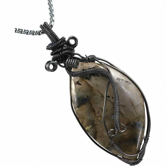 Colier cu pandantiv din labradorit natural pentru barbati si femei - Cristal neregulat lucrat manual, invelit cu sarma model neregulat - O piatra semipretioasa pentru meditatie, intuitie, imagin [5]