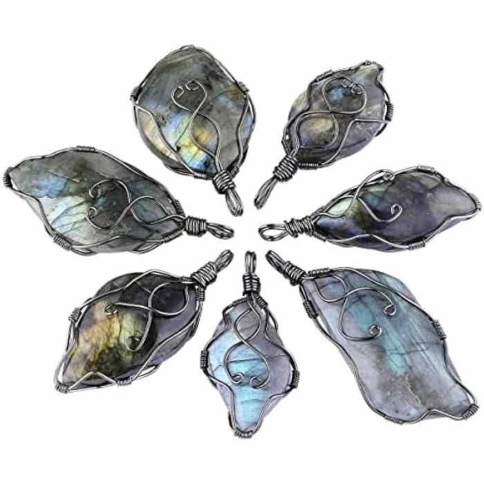 Colier cu pandantiv din labradorit natural pentru barbati si femei - Cristal neregulat lucrat manual, invelit cu sarma in model neregulat - O piatra semipretioasa pentru meditatie, intuitie si imaginatie [6]