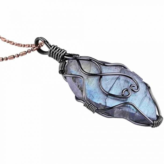 Colier cu pandantiv din labradorit natural pentru barbati si femei - Cristal neregulat lucrat manual, invelit cu sarma in model neregulat - O piatra semipretioasa pentru meditatie, intuitie si imaginatie [1]