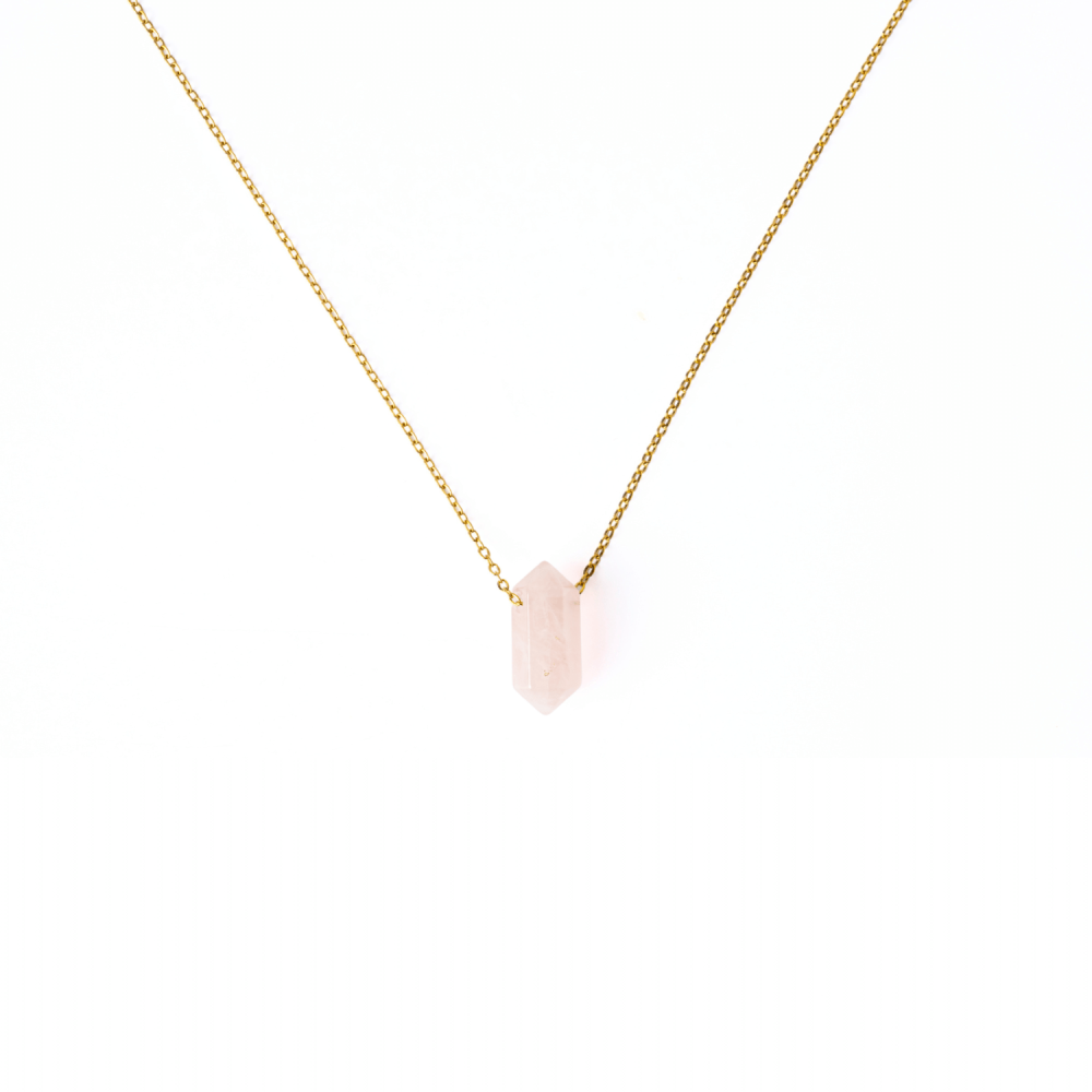 Colier din Cuart Roz Natural cu Pandantiv Fatetat Hexagonal [3]