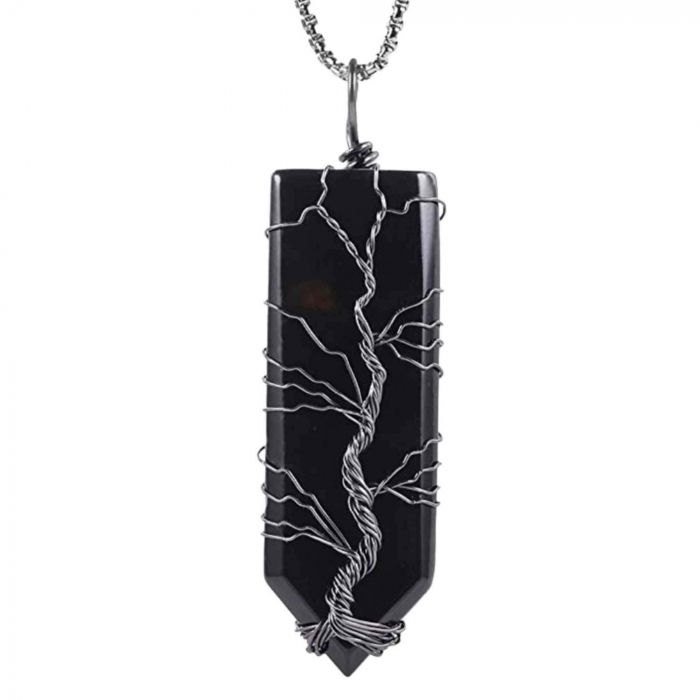 Colier cu pandantiv hexagonal din cristal obsidian - Realizat manual, infasurat intr-o sarma de cupru argintie, dandu-i o forma perfecta [1]