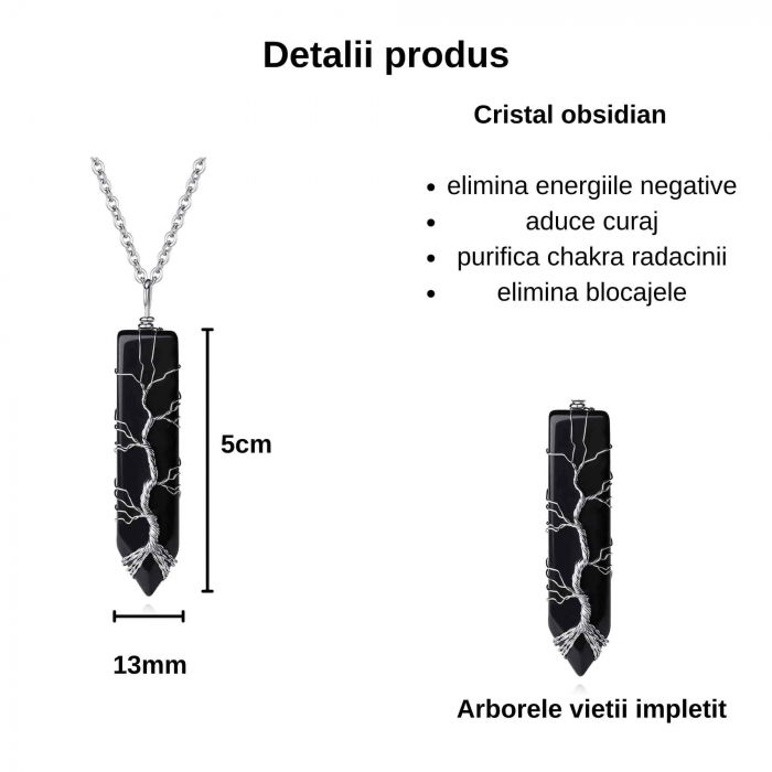 Colier cu pandantiv hexagonal din cristal obsidian - Realizat manual, infasurat intr-o sarma de cupru argintie, dandu-i o forma perfecta [3]