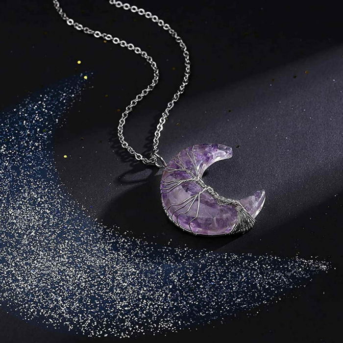 Colier cu pandantiv model semiluna si arborele vietii cu cristal ametist si rasina naturala [6]