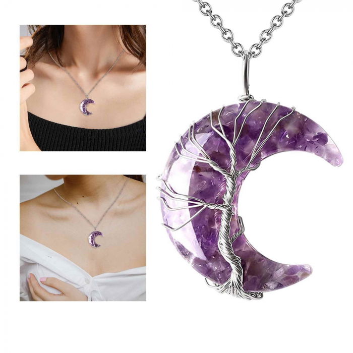 Colier cu pandantiv model semiluna si arborele vietii cu cristal ametist si rasina naturala [4]
