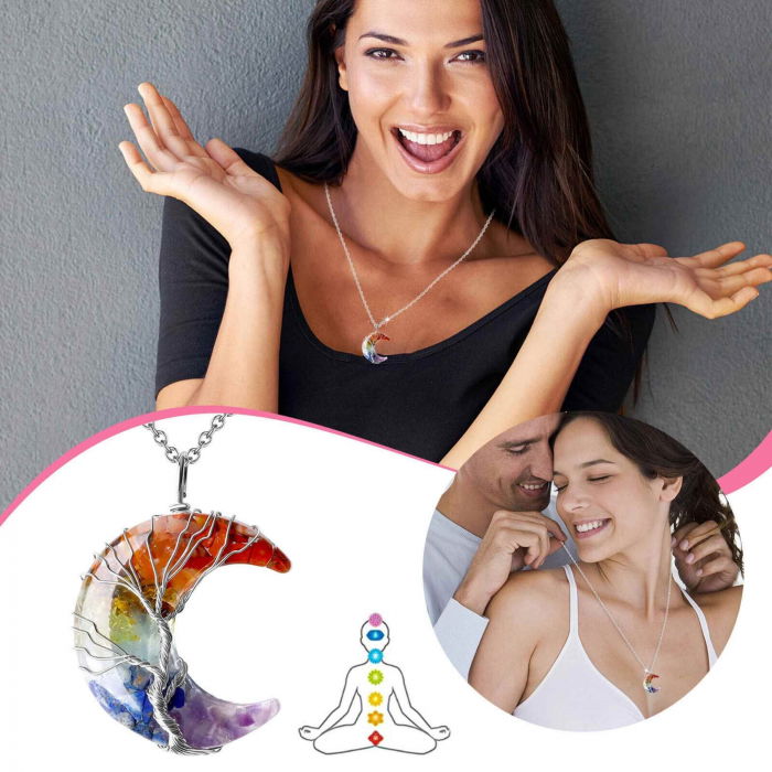 Colier cu pandantiv model semiluna si arborele vietii - Realizat din piatra de cristal polisat cu 7 chakre si rasina naturala [5]