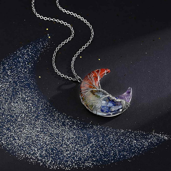 Colier cu pandantiv model semiluna si arborele vietii - Realizat din piatra de cristal polisat cu 7 chakre si rasina naturala [6]