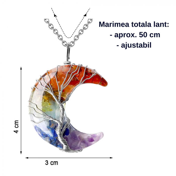 Colier cu pandantiv model semiluna si arborele vietii - Realizat din piatra de cristal polisat cu 7 chakre si rasina naturala [2]