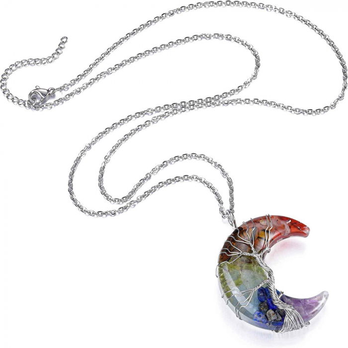 Colier cu pandantiv model semiluna si arborele vietii - Realizat din piatra de cristal polisat cu 7 chakre si rasina naturala [1]