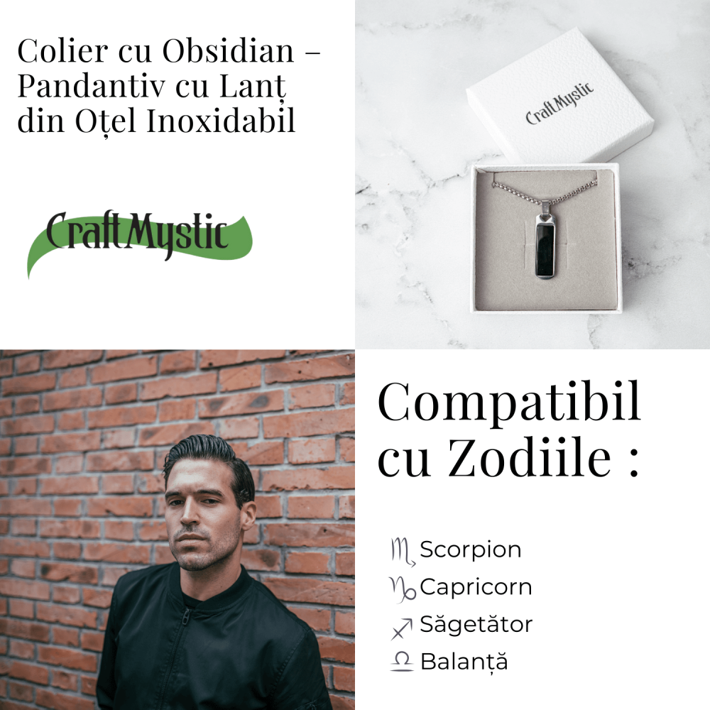 Colier din Otel Inoxidabil cu Obsidian Natural – Pandantiv Dreptunghiular Protectie si Transformare [5]