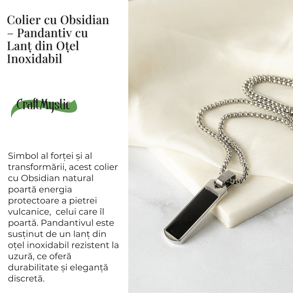 Colier din Otel Inoxidabil cu Obsidian Natural – Pandantiv Dreptunghiular Protectie si Transformare [3]