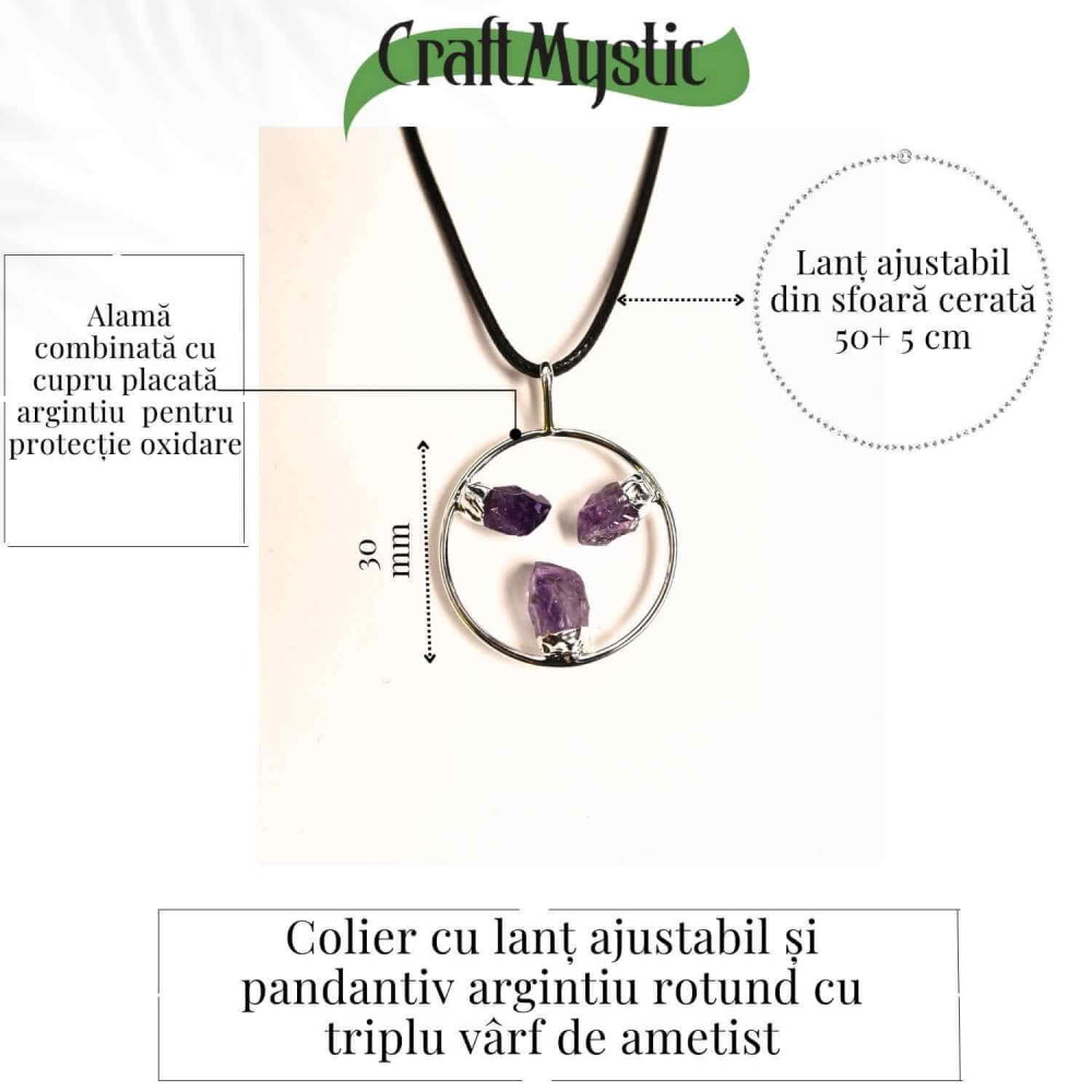 Colier cu pandantiv rotund si 3 pietre Ametist – Claritate si Eleganta Naturala [4]