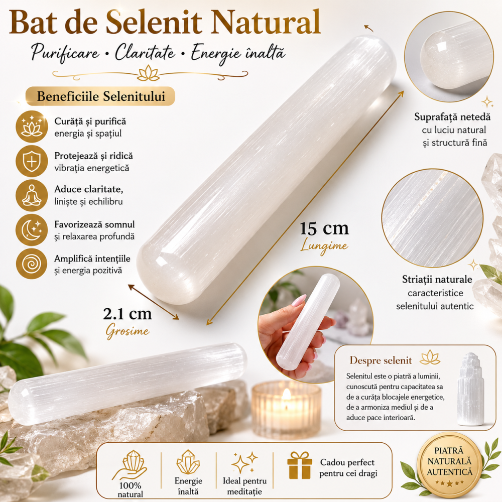 Bat din Selenit Natural – Purificare Energetica, Claritate si Echilibru Interior [5]