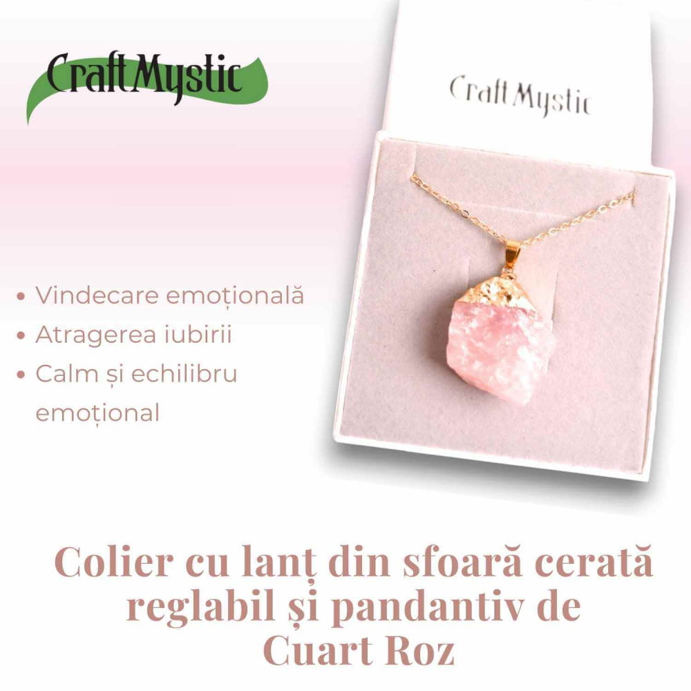 Colier auriu ajustabil cu pandantiv din Cuart Roz brut – Vindecare și Iubire dimensiune 35-50 mm [3]