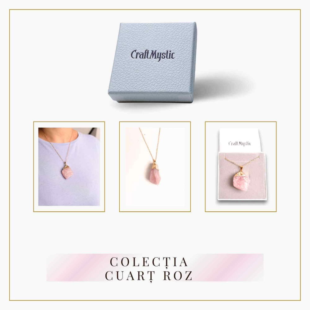 Colier auriu ajustabil cu pandantiv din Cuart Roz brut – Vindecare și Iubire dimensiune 35-50 mm [7]