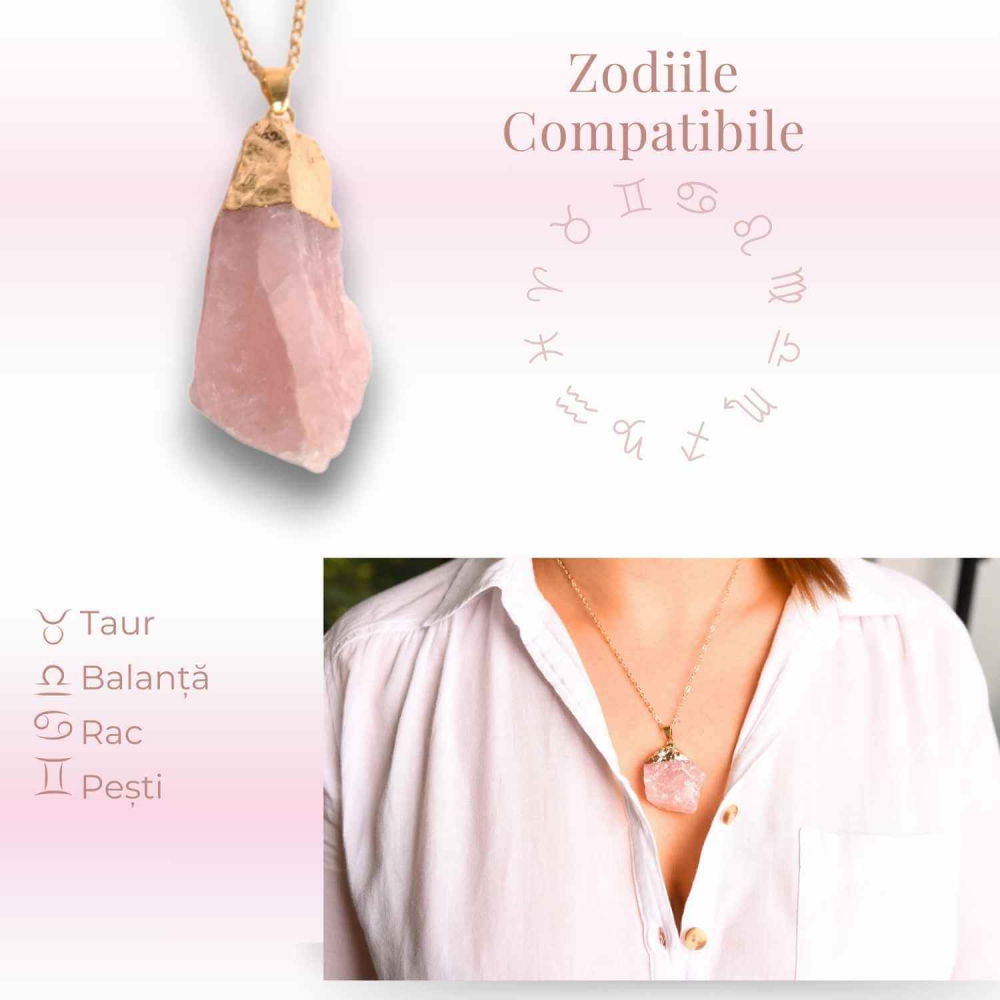 Colier auriu ajustabil cu pandantiv din Cuart Roz brut – Vindecare și Iubire dimensiune 35-50 mm [4]